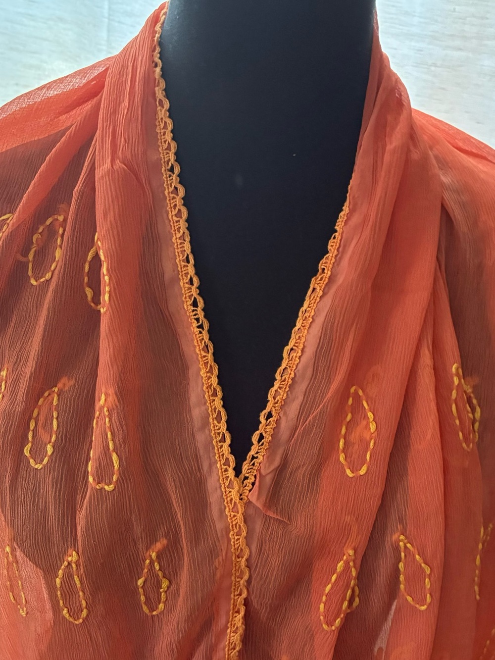 Raj Orange Embroidered Lightweight Scarf